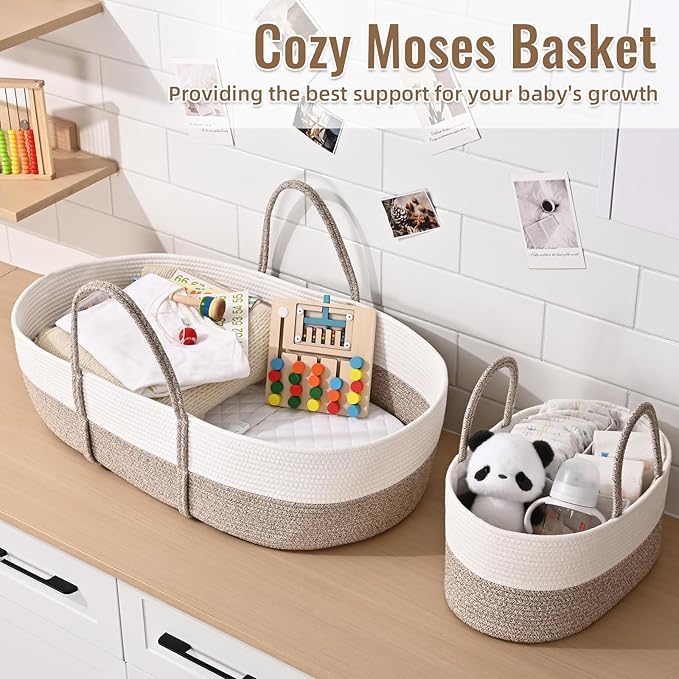 Changing Baskets Set,Moses Basket with Pad and Diaper Caddy,Set of 2 Baskets,Portable Cotton Rope Woven Basket,Replaceable Pad,Gifts for Newborn 28.7" x 15.7" x 7.8"（Brown）
