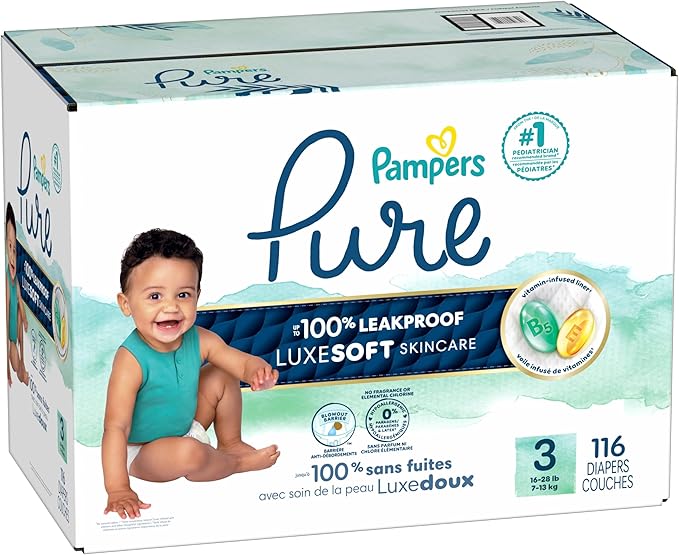 Pampers Pure Baby Diapers, Size 3 (16-28 lbs), 116, Up to 100% Leakproof, Premium Hypoallergenic Soft Diapers