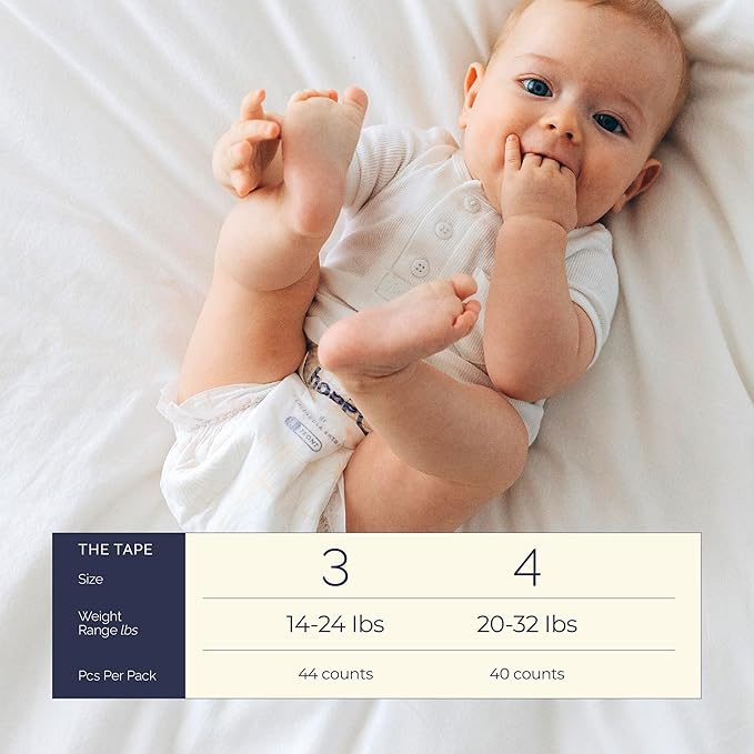 Hoppi Baby Diapers Size 3 (14-24 Lbs), Tape Style Disposable | Ultra Absorbent Overnight Leak Protection for Heavy Wetters | Hypoallergenic, Unscented, Chlorine-Free, Soft Fit, 44 Count