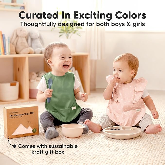 KeaBabies Waterproof Bibs for Baby Girl,Boy – 2-Pack Lightweight, Large Baby Bibs for Eating, Wearable Food Catcher, 6-12 Months Infant Feeding Essentials, Smock for Toddlers 1-3, Kids (Jolly Rainbow)
