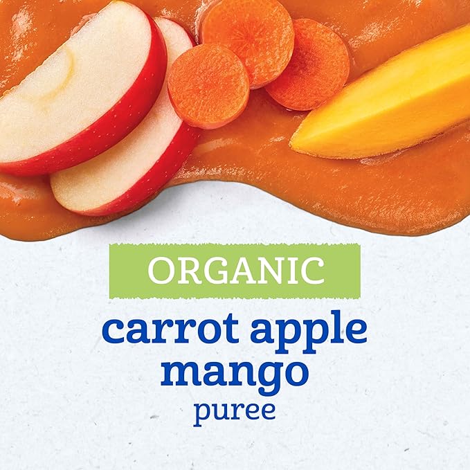 Gerber Stage 2 Baby Food, Organic Carrot Apple Mango, Baby Food Pouches, Puree Pouches, Vitamin A, C, & E Helps Support Immune System, No Artificial Flavors or Colors