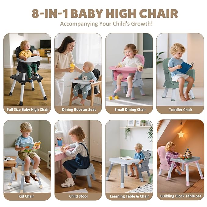TODEFULL Baby High Chair, 8 in 1 Convertible Highchairs for Babies and Toddlers, Children Dining Booster Seat/Kids Building Block Table for Girls Boys, Baby Seat with Removable Tray, Khaki