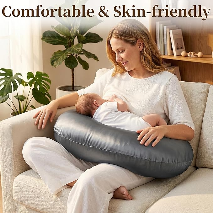 Pro Goleem Satin Nursing Pillow Cover 2 Pack Soft Silk Feeling Feeding Pillow Slipcover for Breastfeeding Moms Fits Standard Infant Nursing Pillow or Positioner Gray and White