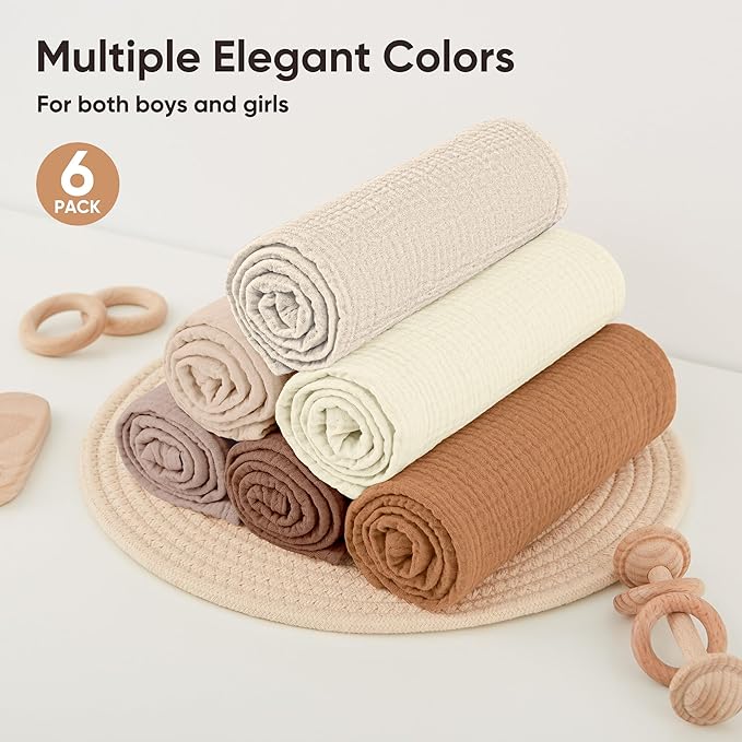 Bearmoss 6 Pack Muslin Burp Cloths for Baby, 100% Cotton Soft Large Burping Cloths for Unisex, Boy, Girl, 23.6" X 23.6" Newborn Essentials Absorbent Milk Spit Up Rags (Brown)
