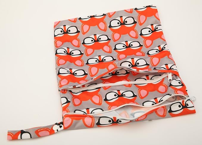 Medium Wet Dry Bag Baby Cloth Diaper Nappy Insert Bag Reusable Washable With Two Zippered Pockets (Glasses Fox)