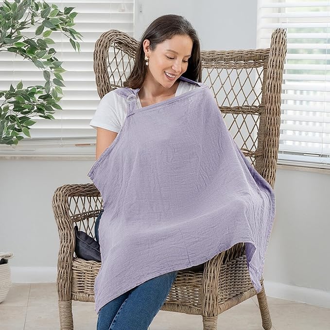 Cinaci 2 Pack Pure Cotton Muslin Lightweight Breathable Breastfeeding Nursing Cover Blankets with Adjustable Metal Clasp (Purple+Ginger)