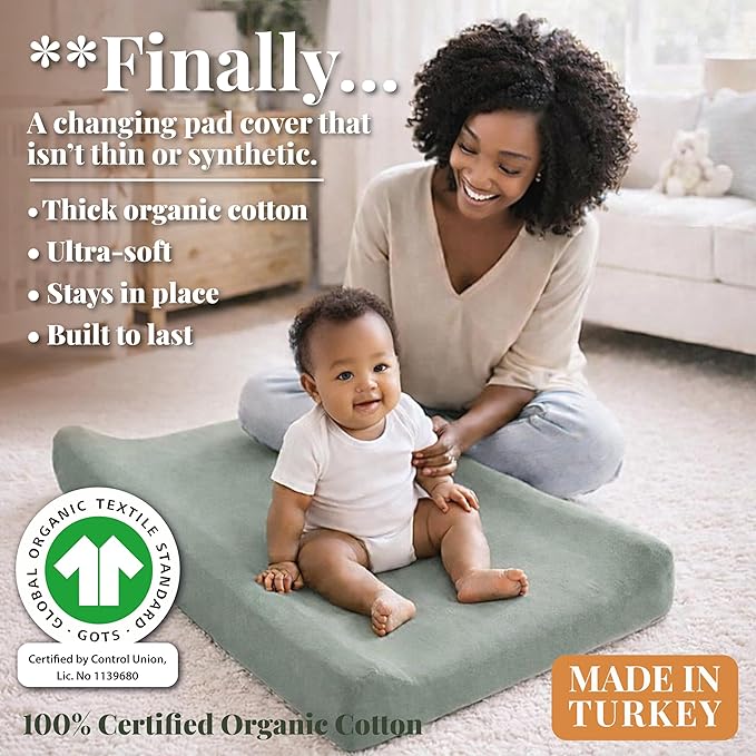 Plush Organic Changing Pad Covers Boy, Girl - GOTS 100% Certified Organic Cotton Changing Table Pad Cover, Baby Nursery Diaper Changing Pad Sheets,Table Contour Pads Liners (Forest Green + Sage Green)