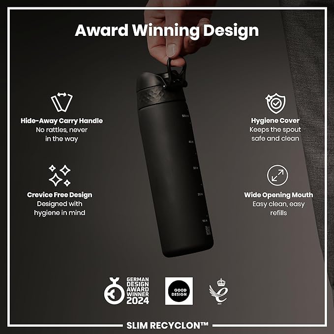 Ion8 Water Bottle, 500 ml/18 oz, Leak Proof, Easy to Open, Secure Lock, Dishwasher Safe, BPA Free, Hygienic Flip Cover, Carry Handle, Fits Cup Holders, Easy Clean, Odor Free, Carbon Neutral, Black
