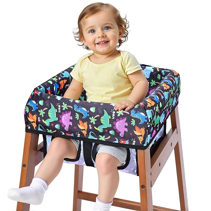 COOLBEBE Baby High Chair Cover with 3-Point Harness, Waterproof & Machine Washable Portable Seat Cover, Fits Wooden Chairs for Restaurant, Travel, Home & Dining Out, Black Dinosaur