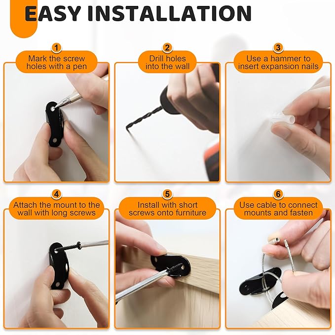 4our Kiddies Furniture Anchors for Baby Proofing, Anti Tip Furniture Wall Anchors, Secure 400 Pounds Cabinet, Bookcase, Dresser to Wall, Earthquake Furniture Straps for Child Safety (Black, 10 Pack)