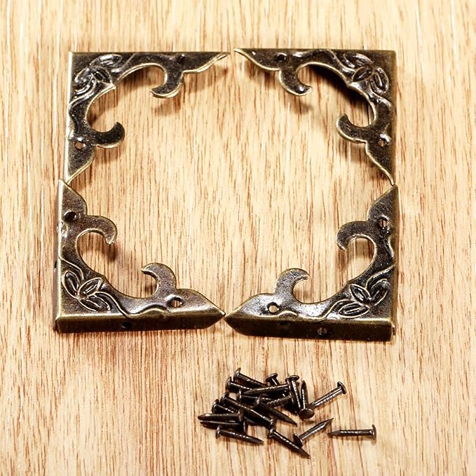 dophee 4Pcs Antique Brass Box Corner Protectors, Vintage Decorative Corner Brackets Guards for Jewelry Box Wooden Case Chest Table Desk Photo Frame, 1.18"x1.18"x0.18"