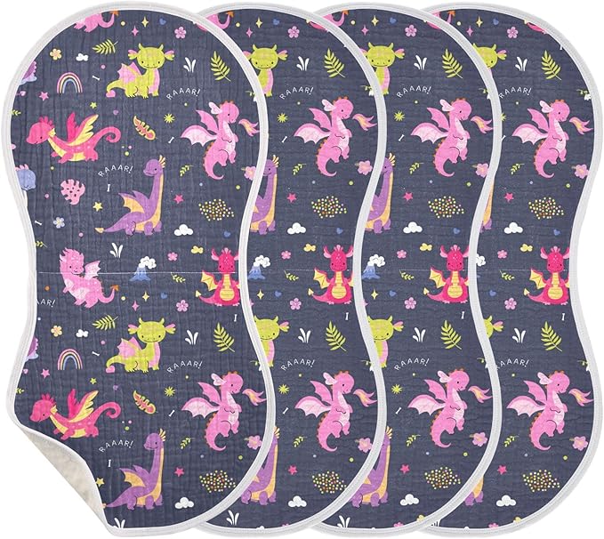 Muslin Burp Cloths for Baby Boys and Girls - 4-Pack Ultra Absorbent Cute Dragon Muslin Washcloths, Newborn Towel, Milk Spit Up Rags, Burp Cloth Bib for Unisex, 22 x 11 Inch