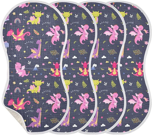 Muslin Burp Cloths for Baby Boys and Girls - 4-Pack Ultra Absorbent Cute Dragon Muslin Washcloths, Newborn Towel, Milk Spit Up Rags, Burp Cloth Bib for Unisex, 22 x 11 Inch