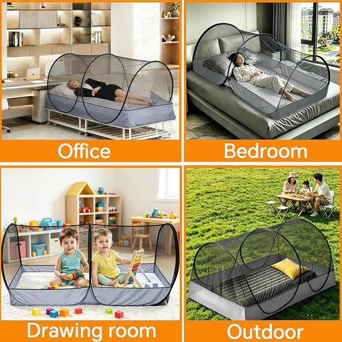 CMINGJ Portable Mosquito Net Foldable Pop-Up Travel Mosquito Net for Bed Free Installation-Suitable for Baby Adults Bedroom, Camping, nap, Patio (Large-Bottom Zipper(Black net))