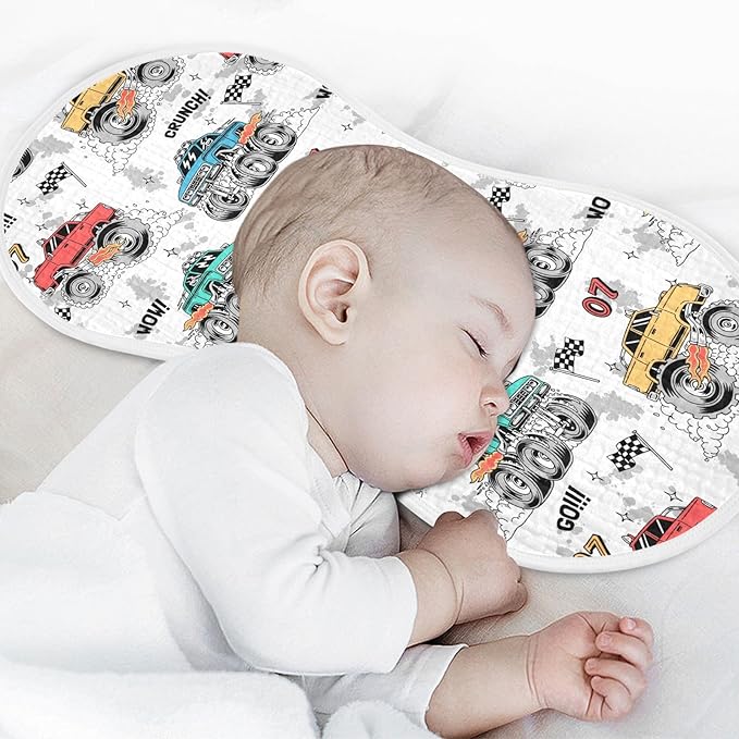 Muslin Burp Cloths for Baby Boys and Girls - 4-Pack Ultra Absorbent Monster Trucks Muslin Washcloths, Newborn Towel, Milk Spit Up Rags, Burp Cloth Bib for Unisex, 22 x 11 Inch