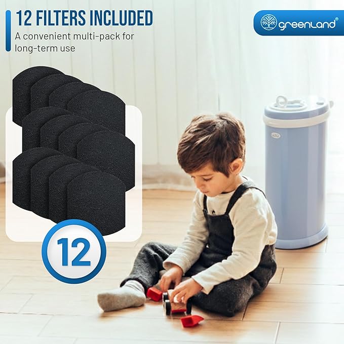 Greenland® 12-Pack Carbon Filter Refills Compatible with Ubbi® Diaper Pail – Activated Charcoal Odor Absorbing Pads, Long-Lasting Deodorizer Replacement for Ubbi Steel Diaper Pail