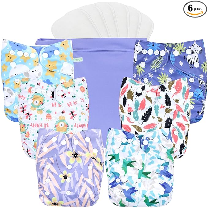 wegreeco Cloth Diapers 6 Pack with 6 Inserts & 1 Wet Bag, Washable Cloth Diapers for Babies, One Size Adjustable Reusable (Leaves, Animals)