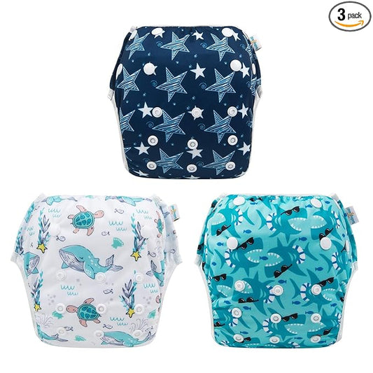 Babygoal Baby Boy and Girl Swim Diapers, Reusable Adjustable Washable One Size Fits 0-8M Baby Gifts and Swimming Lessons 3 Pack 3SD07