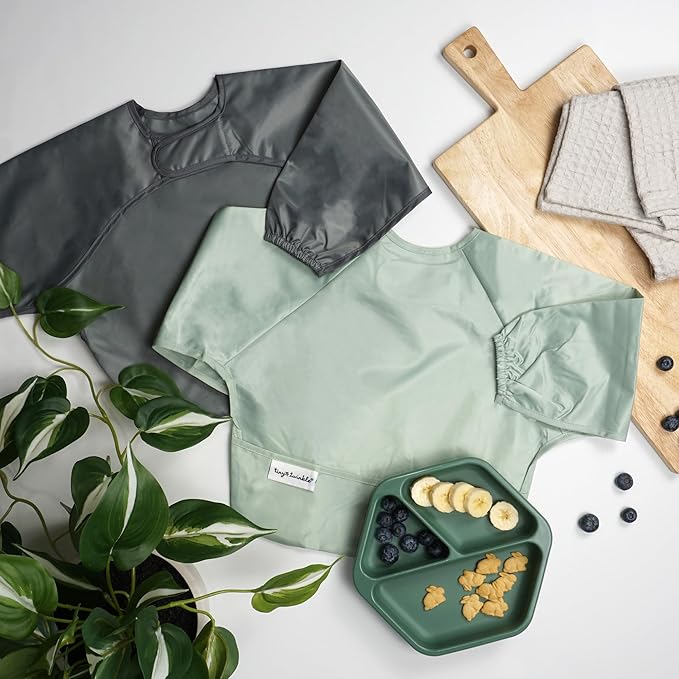 Tiny Twinkle Long Sleeve Bib for Babies & Toddlers | 2-Pack Waterproof Smock Bib for Eating | Machine Washable & Mess-Proof Feeding Essentials | Newborn Shower Gift (Sage Charcoal,2-4Y)