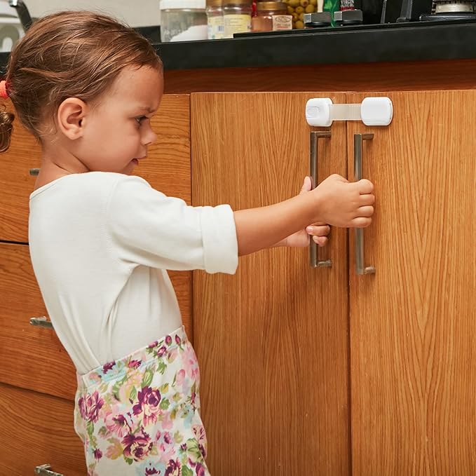 Child Safety Strap Locks (4 Pack) Baby Locks for Cabinets and Drawers, Toilet, Fridge & More. 3M Adhesive Pads. Easy Installation, No Drilling Required, White