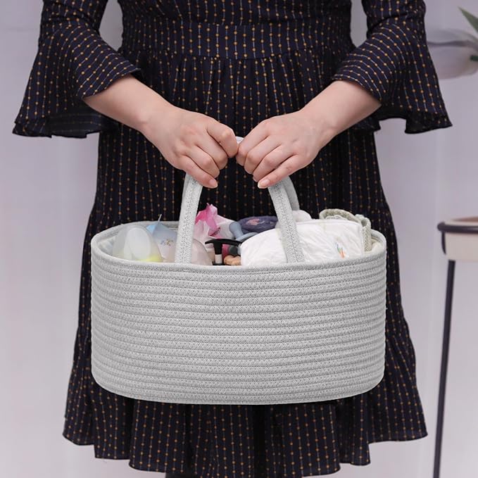 COMSE Large Baby Diaper Caddy Organizer for Girl Boy, Car Caddy with Handles, Cotton Rope Basket for Changing Table, Nursery Organizer, Gift for Baby Shower and Registry Must Have, Cool Gray