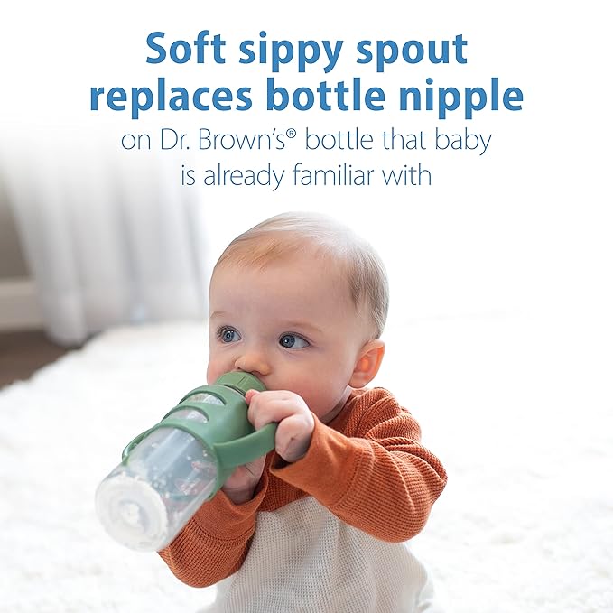 Dr. Brown's Milestones Narrow Sippy Spout Bottle with 100% Silicone, Easy-Grip Handles and Soft Sippy Spout, 8oz/250mL, Light-Pink and Ecru + Gray and Green