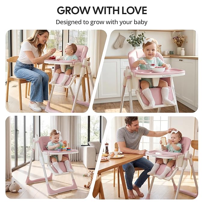 Sunchild 3-in-1 Baby High Chair with Wheels, 5-Point Harness, Tray, Footrest, and Backrest, Foldable and Adjustable for Toddlers 6-36 Months, Pink