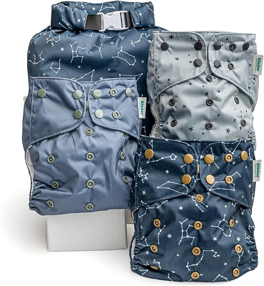 Kinder Cloth Diapers Reusable Baby Diapers Pocket Style Athletic Wicking Jersey, Wet Bag, Newborn to Potty Training 7-60lbs, One Size, Inserts NOT Included (Starlight, 3 Pack, Without Inserts)