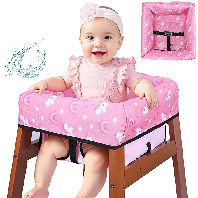 High Chair Cover, Baby High Chair Cover for Restaurants, Waterproof Portable Highchair Covers with 3-Point Harness for Eating, Travel, Home, Machine Washable, Fits Wooden Chairs (Pink)