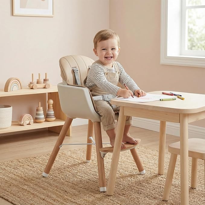 HONEY JOY Baby High Chair, 6-in-1 Eat & Grow Wooden Highchair/Toddler Chair with Removable Tray, 5-Point Harness, PU Cushion and Footrest, Convertible High Chair for Babies and Toddlers(Dark Beige)