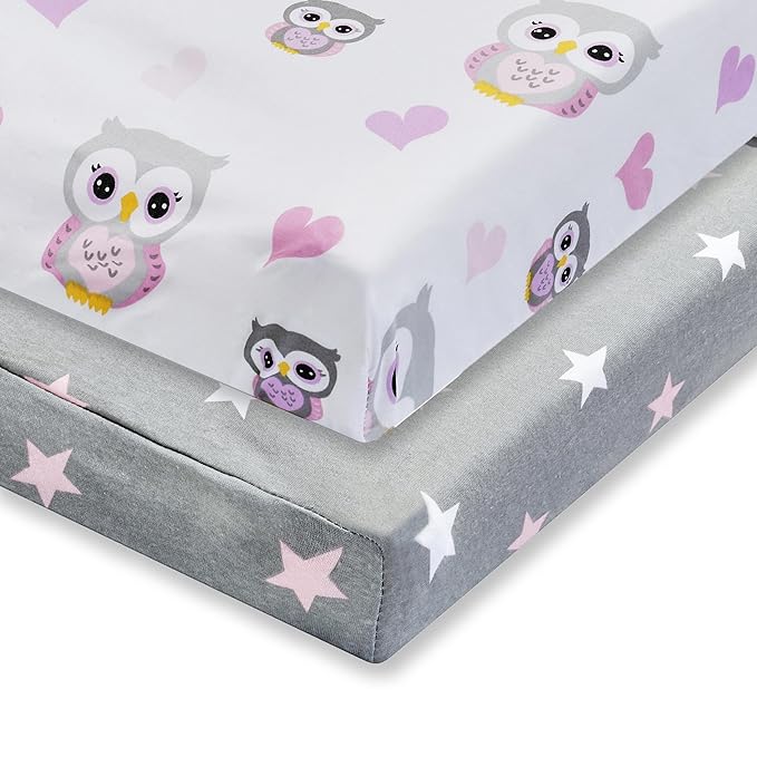 EVERYDAY KIDS 2 Pack Baby Changing Pad Covers for Baby Girl – Fits Most Changing Table Pads; 100% Cotton Jersey Knit, Breathable, Soft Changing Table Topper – Pink, Purple Owls and Pink, White Stars