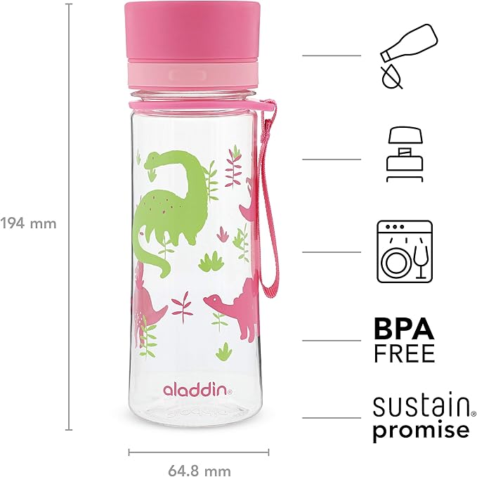 Aladdin My First Aveo Childrens Water Bottle 0.35L Pink Graphics – Leakproof - Wide Opening for Easy Fill - BPA-Free - Kids Water Bottles for School - Stain and Smell Resistant - Dishwasher Safe