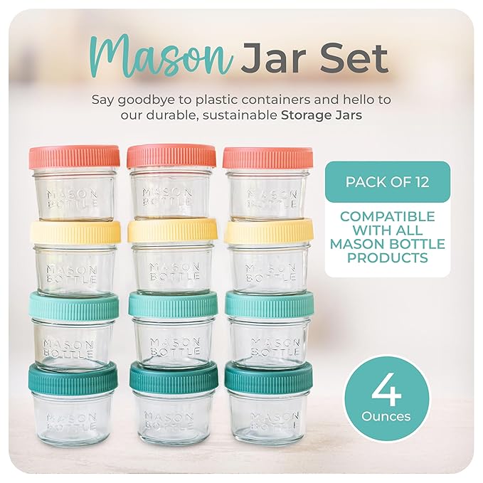 Complete Baby Glass Bottle & Breastmilk Storage Kit | 8oz Mason Jars w/Lid + Slow & Medium Flow Nipples (0-6 Months) + Plastic Mason Jar Rings & Caps + Silicone Sleeves