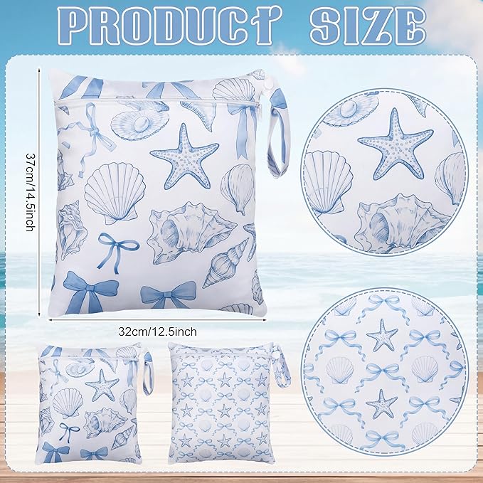 Sanwuta 2 Pack Wet Bags Resuable Waterproof Wet Dry Bag for Swimsuit Travel Beach Pool Bathing Diapers Dirty Yoga Gym Clothes Toiletries with Zippered Pockets(Sea Shells,Blue and White)