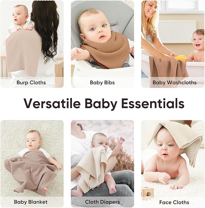 Bearmoss 6 Pack Muslin Burp Cloths for Baby, 100% Cotton Soft Large Burping Cloths for Unisex, Boy, Girl, 23.6" X 23.6" Newborn Essentials Absorbent Milk Spit Up Rags (Brown)
