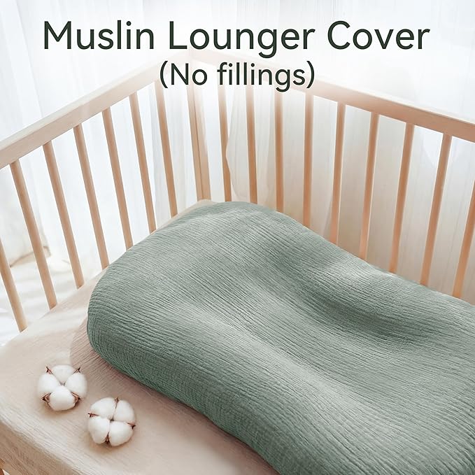 Muslin Baby Lounger Cover 1 Pack, Cotton Soft Breathable Infant Nest Slipcover, Envelope Closure, Compatible with Snuggle Me Loungers, Machine Washable, Cover Only, for Boys Girls(Green)