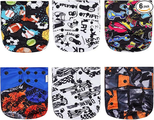 Waterproof Cloth Diapers with one-fit-All Design Packed with 6pcs Diaper Shells for Baby Girls and Boys（Without Inserts）