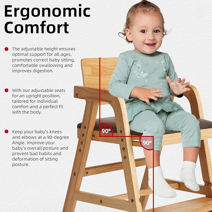 Solid Wood High Chair for Babies&Toddlers, Adjustable Baby Highchair with Steps for Dining, Teens Study Chair, Natural