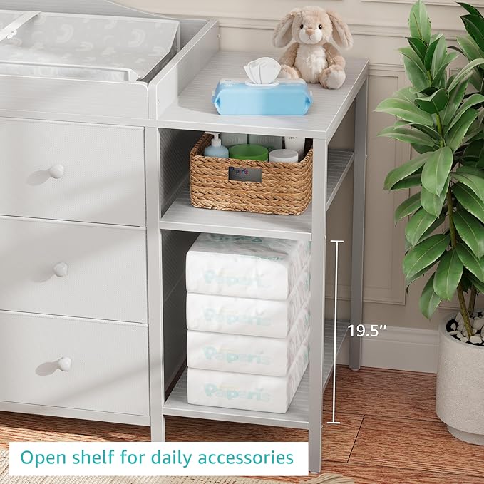 BOLUO Baby Dresser with Changing Table Top, Gray Changing Table Dresser with 6 Fabric Drawers Diaper Changing Station with Storage Shelf for Nursery Modern