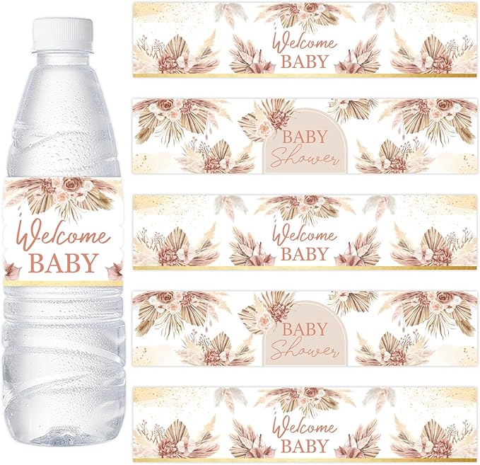 24PCS Pampas Grass Baby Shower Water Bottle Labels, Boho Baby Shower Waterproof Self Adhesive Water Bottle Labels for Boho Pampas Decorations