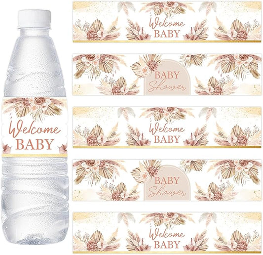24PCS Pampas Grass Baby Shower Water Bottle Labels, Boho Baby Shower Waterproof Self Adhesive Water Bottle Labels for Boho Pampas Decorations