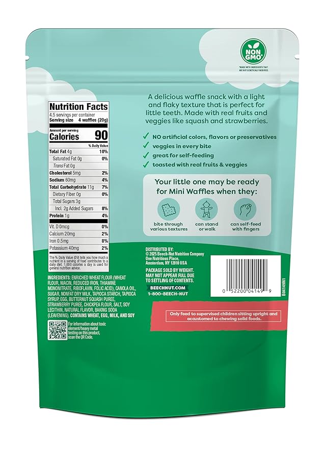 Beech-Nut Toddler Snacks, Mini Waffles with Hidden Veggies, Butternut Berry, Non-GMO, 3.2 oz Bag (7 Pack)