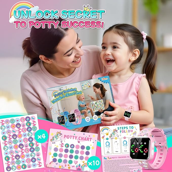 Potty Training Watch & Chart for Toddler Girls: Adjustable Volume Potty Watches for Kids Unicorn Potty Training Chart with Reward Stickers Toilet Training Tools Gifts for Girl (Pink)