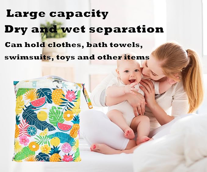 Wet Dry Bag for Cloth Diapers, 2PCS Waterproof Reusable Wet Bag with Zippered Pockets, Washable, Reusable for Travel, Beach, Pool, Stroller, Diapers, Dirty Gym Clothes, Swimsuits, 14x12In & 12x11In