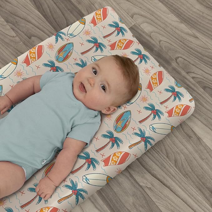 Retro Boho Surfing Changing Pad Covers for Baby Girls Boys Vintage Summer Surfboards Coconut Palm Trees Sun Fitted Change Table Pad Covers Mats Beach Life Soft Diaper Changing Pad Sheets 32''×16''
