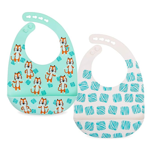 Nuby 2 Pack Adjustable Easy Clean Soft Silicone Bibs with Scoop, Tigers & Squares
