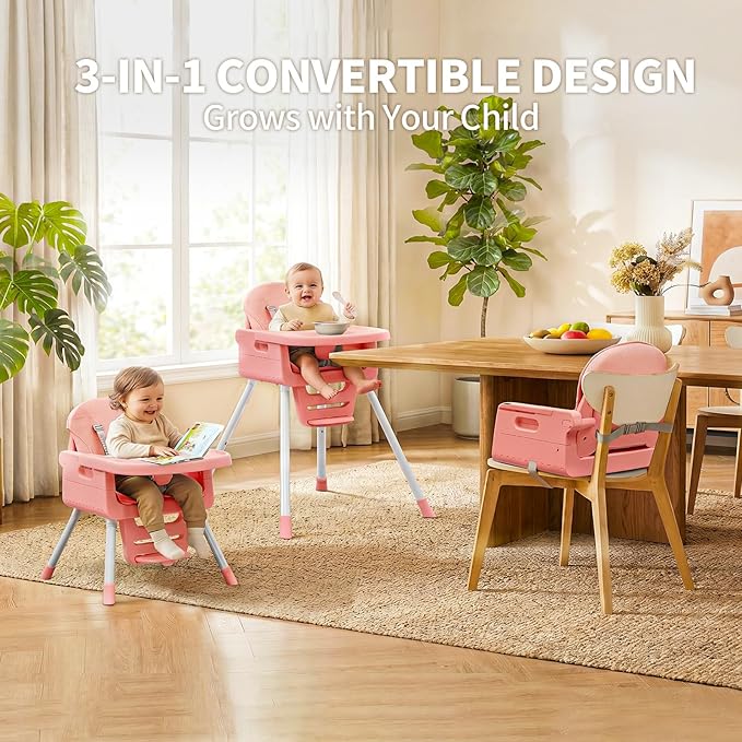 Portable High Chairs for Babies and Toddlers, Convertible Baby Feeding Chair with Tray, Easy Clean High Chair for Toddler with Foot Rest, Infant Highchairs & Booster Seats with Cushion Pink