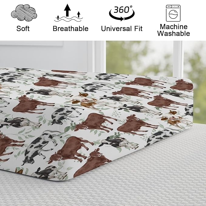 Cute Cows Changing Pad Covers Watercolor Cows Green Leaves Baby Nursery Diaper Changing Pad Sheets for Boys Girls Ultra Soft Breathable Stretch Changing Table Mat Sheets Cover 32''x16''