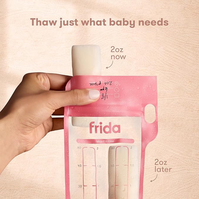 Frida Mom Breastmilk Storage Bags, 50ct Splitstash Freeze & Thaw Milk Bags for Breastmilk, Splits Bag into Two 2oz Portions, Leakproof Seal, Perfect Pour Spout, No Slip Finger Grip, BPA Free, 4oz Bag