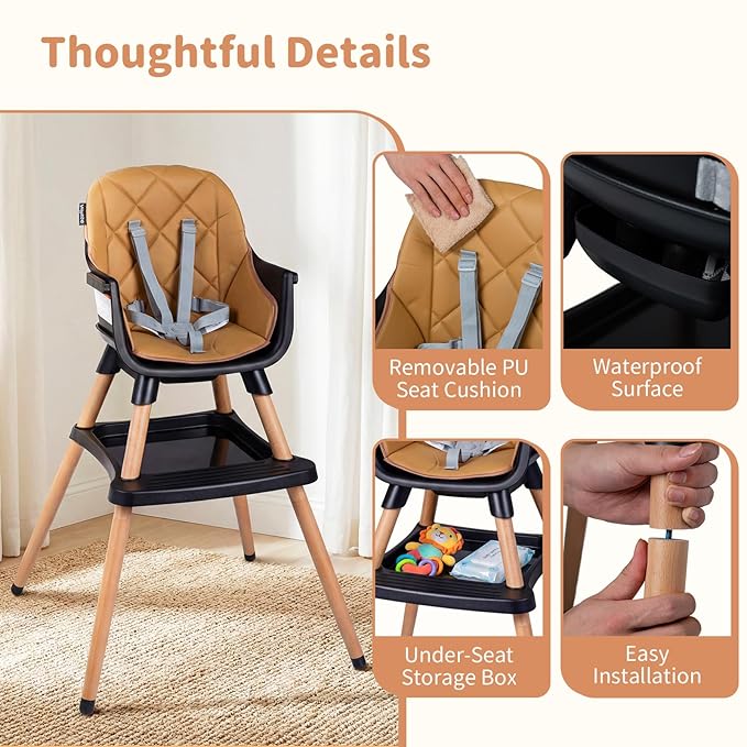 BABY JOY 8-in-1 High Chair, Convertible Wooden Highchairs for Babies and Toddlers | Dining Booster Seat | Toddler Stool, Double Removable Tray, 5-Point Safety Harness & Waterproof PU Cushion (Coffee)